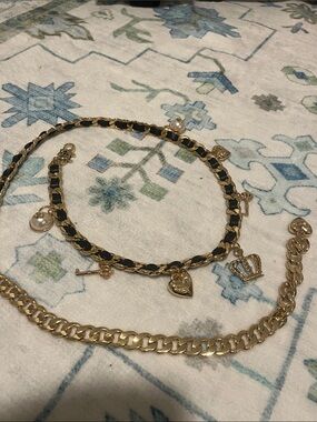 Juicy Couture Gold Tone Charm Chain Belt with Black Weave and Pearl Accents
